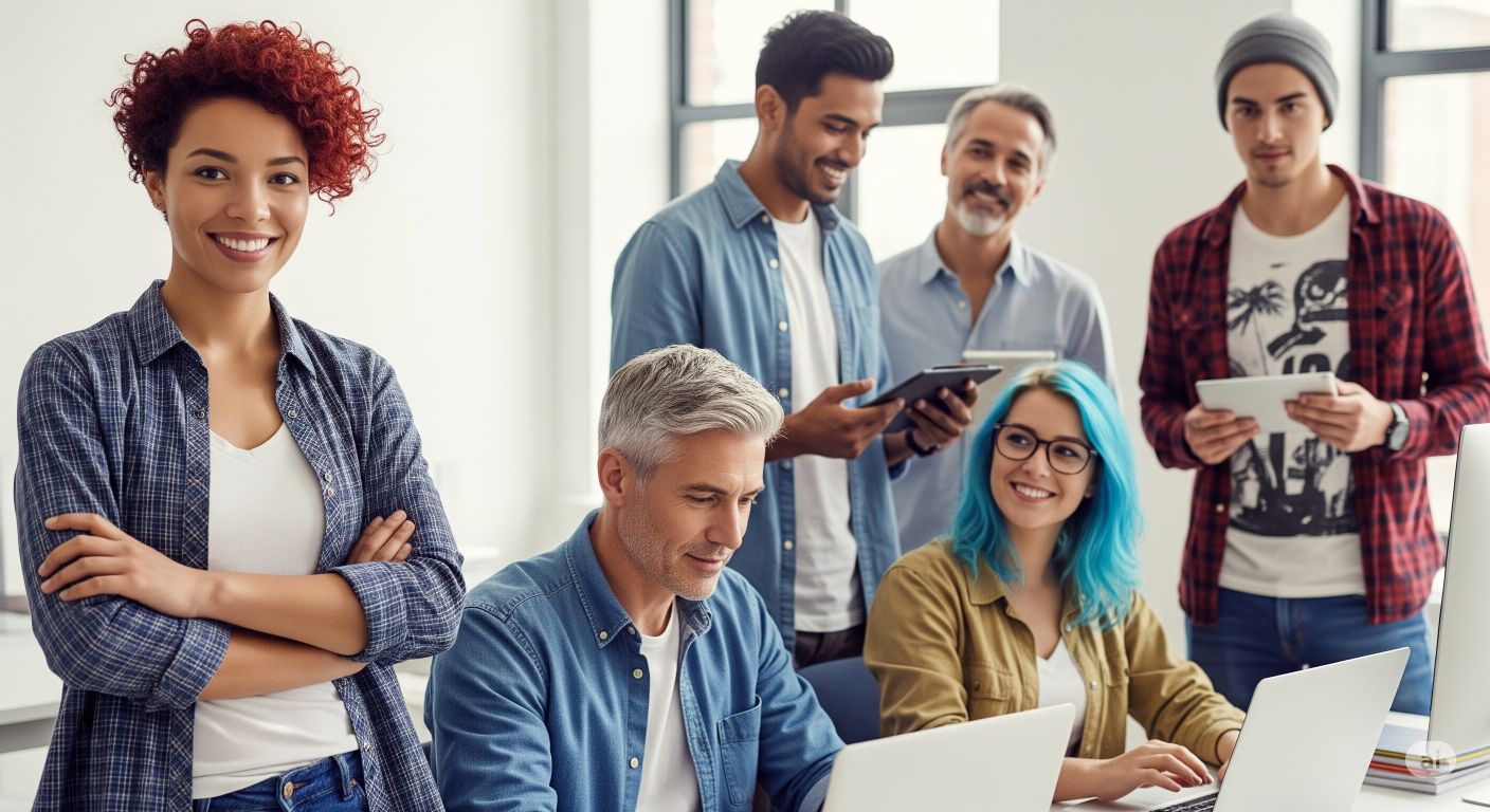 A diverse team of software developers collaborating in a modern office
